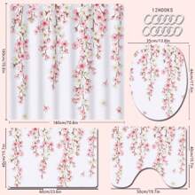 1/4 Piezas Juego de baño con Estampado de Flores de Cerezo que incluye Cortina de Baño, Alfombra de Baño, Alfombra en Forma de U para Inodoro, Cubierta para Tapa de Inodoro, Cortina de Ducha Impermeable, Cortina de Moda, Cortina Divisoria de Baño Moderna, Sin Necesidad de Perforar, Poliéster, Lavable a Máquina