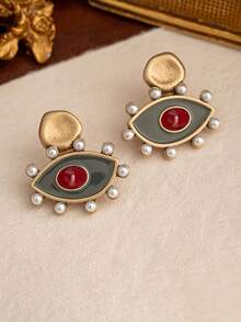 一对复古珍珠和珐琅吊坠耳环，复古独特小耳环 - 綠寶石 - 查看 9