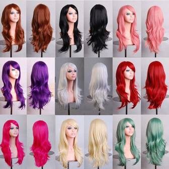 Peluca larga ondulada de color rojo vivo con flequillo - Peluca sintética resistente al calor, adecuada para anime y fiestas de Halloween, tamaño ajustable, ajuste perfecto, accesorios para pelucas