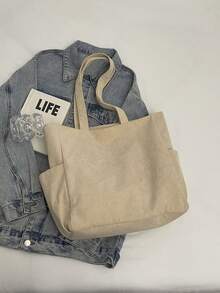 Modna, jednokolorowa torba typu tote z wieloma kieszeniami dla kobiet, duża pojemność, swobodna torba na ramię na wakacje na świeżym powietrzu, lekka i uniwersalna torba na zakupy, prosta, codzienna torba typu crossbody do dojazdów do pracy i szkoły - Beżowy - Zobacz 10