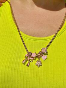 1 件可爱蝴蝶结和心形吊坠项链，粉色蝴蝶结心形吊坠项链，粉色樱花项链，时尚星星项链