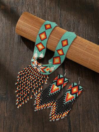 Handmade Beaded Tassel Necklace Set - Bohemian Style Necklace With Vintage Color Tassel Pendant, Matching Tassel Earrings, Women's Fashion Accessory, Adjustable Green Necklace, Versatile For Daily & Holiday Wear, 2025 Summer New Arrival Collection, Great Gift Option