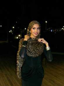 1pc Thin StyleWomen Fashion Bohemian Leopard Painting Navy Blue Marble Print Veil Hijab, Casual Street Wear Hijab For Daily Use, Autumn Headband