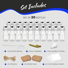 4 Oz Flip Top Glass Bottle Stopper Set| 20 Pack  Round Swing Top Glass Bottles For Juicing /Shrink Wrap, Paper Tags + String, Foldable Funnel, Cleaning Brush & Gold Glass Marker - 20 - View 4