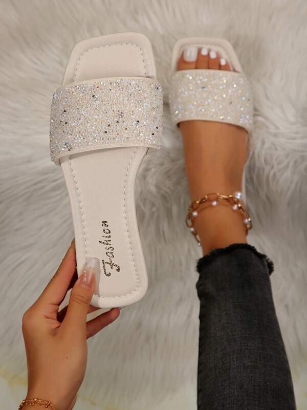 Women's One-Toe Crystal Decor Sandals, Casual Versatile Outdoor Plastic Flat Slippers