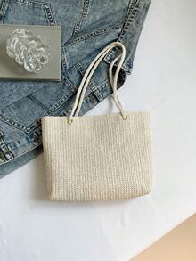 Mini Floral Woven Beach Tote Bag, Fashionable Shoulder Handbag - White - View 6