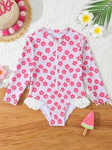 Girls Sweet Clover Cute Zipper Front One-Piece Swimsuit - Multicolor - View 1