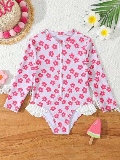 Traje de baño de una pieza con cremallera delantera, con diseño de trébol adorable para niñas