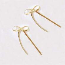 1 Pair European & American Fashion Minimalist Bowknot Long Chain Earrings, Niche Design Suitable For Women's Daily Or Party Wear