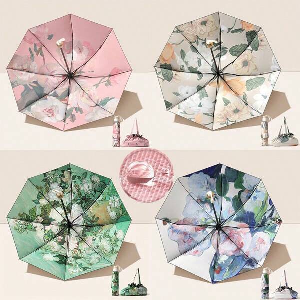 1pc New Dual-Layer Floral Print Umbrella, Ladies Foldable Umbrella, Sun Umbrella UV Protection Reverse Umbrella Lightweight Compact, Pink
