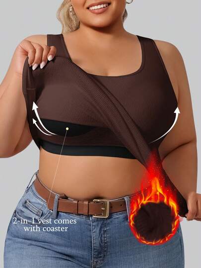 1pc Autumn/Winter Rib Knit Warm Thermal Vest With Built-In Cup Holder, Can Be Worn Without Bra, Brown