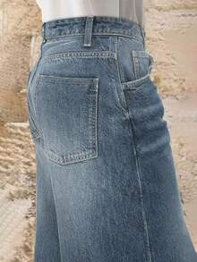 时尚学院风简约女士宽松低腰直筒牛仔短裤，夏季 - 中等水洗藍 - 查看 3