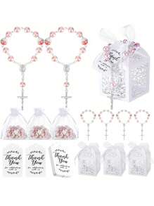 6/12/24 Baptism Gift Sets, Including 6/12/24 Pieces Of Mini Rosary Beads, 6/12/24 Pieces Of Baptism Gift Boxes, 6/12/24 Pieces Of White Organza Bags And 6/12/24 Pieces Of Thank You Tags, Suitable For Baptism Communion Party Decorations