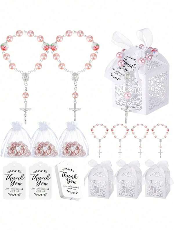 6/12/24 Baptism Gift Sets, Including 6/12/24 Pieces Of Mini Rosary Beads, 6/12/24 Pieces Of Baptism Gift Boxes, 6/12/24 Pieces Of White Organza Bags And 6/12/24 Pieces Of Thank You Tags, Suitable For Baptism Communion Party Decorations