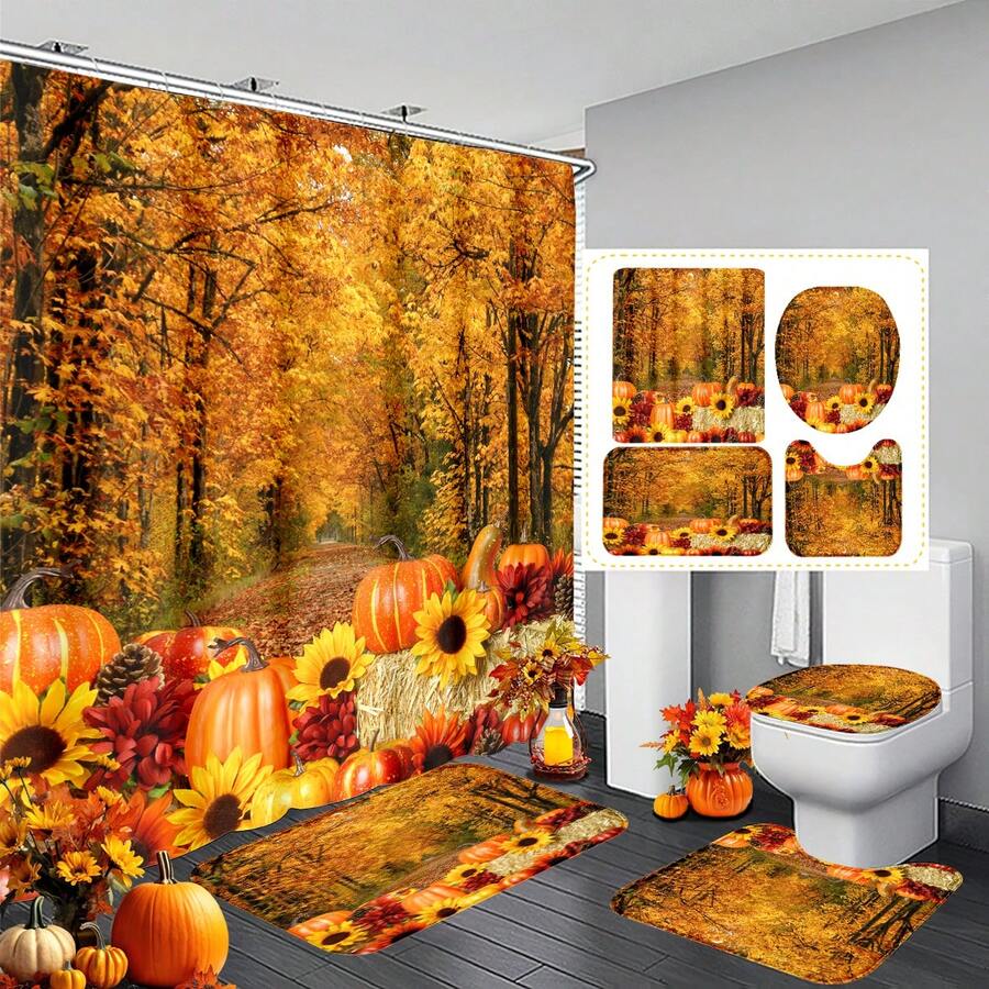 1pc/4pcs Green Christmas Shower Curtain Set: Santa Claus Bathtub Gift Theme, Elegant Housewarming Shower Curtain Gift, Modern Home Bathroom Decor Curtain, Shower Curtain With 12 Hooks, Non-Slip Bath Mat, U-Shaped Toilet Mat, Toilet Lid Cover, Bathroom Decor Set