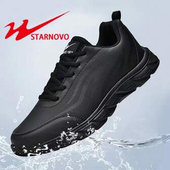 A Pair Of Men Sports Shoes, Leather Surface Waterproof Black Sports Shoes, Non-Slip And Dirt-Resistant, Suitable For Casual Work And Running.