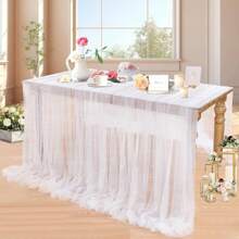 1 pieza Mantel decorado con perlas falsas, mantel de tul blanco con perlas para bodas, decoración de arco nupcial, fiesta de despedida de soltera, decoración de fiesta, faja para silla, telón de fondo para eventos, Navidad, decoración de boda, tela de malla transparente con perlas para fiestas de San Valentín y reuniones en el hogar