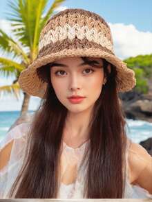 Women's 1pc Colorful Crochet Knit Bucket Hat, Bohemian & Casual Style, Straw Material, Foldable Sun Hat For Summer Beach & Easter, Retro Elegant Beach Hat For Women With High UV Protection, Multiple Colors Available,Vacation - Rainbow Multicolor - View 6
