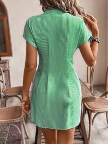 Women Elegant Striped Short Sleeve A-Line Shirt Dress, High Waist Button Casual Summer Office Dress, Light Color, Comfortable Polyester Fabric, French Style, Casual Shirt Dress, High Waist, Office Dress, Elegant Style, Four Seasons Solid Color Striped Casual Button Fabric With Pleated Decoration