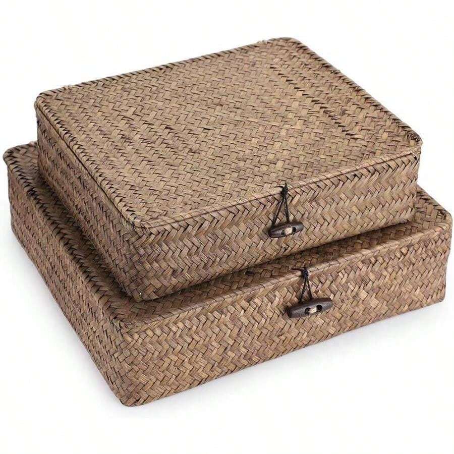 Hipiwe Set Of 2 Flat Woven Wicker Storage Bins With Lid Natural Seagrass Basket Multipurpose Home Boxes For Shelf Organizer (Coffee) - Coffee - 查看 1