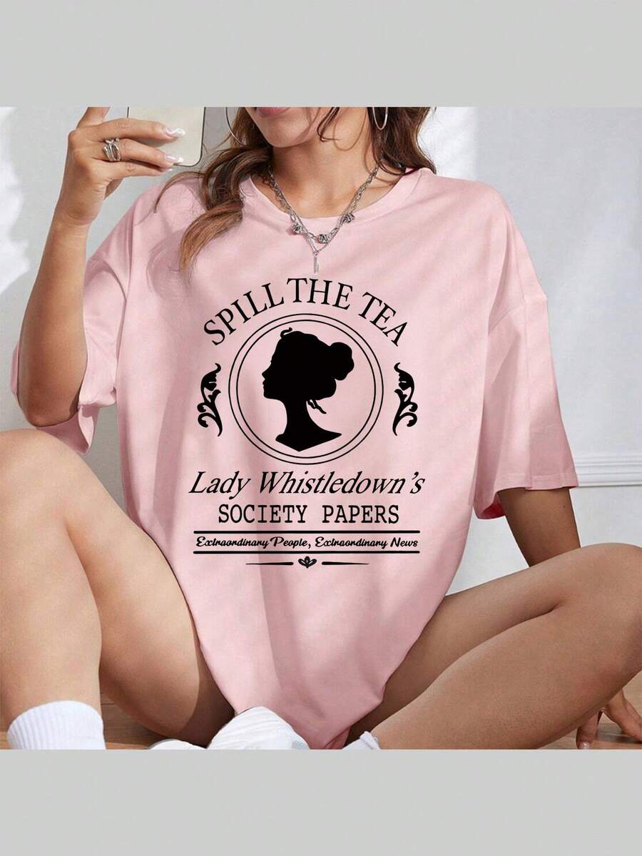 100% Cotton Unisex Round Neck Short - Sleeve T - Shirts: "Bridgerton" - Inspired "Spill The Tea" Basic Tees For Summer - 粉色 - 查看 1