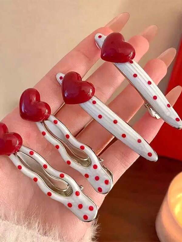 4 stuks vintage metalen rode hartvormige eendenclip met stippen voor vrouwen, elegante en veelzijdige pony-/zijhaarclips, geschikt voor dagelijks gebruik en fotografie, klauwclips, haarklemmen, haarspeldjes, haarspeldjes, alligatorhaarclip, schoolspullen