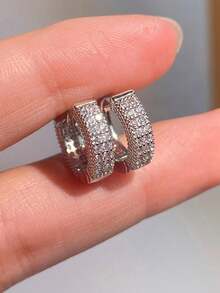 1对男士银色和金色圆环耳环，镶嵌立方氧化锆，闪亮嘻哈风格个性化珠宝 - 銀色 - 查看 2