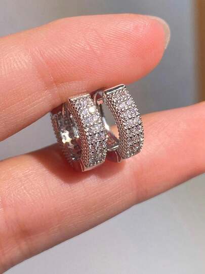 1 Pair Men's Silver & Gold Hoop Earrings, Cubic Zirconia Studded Earrings, Shiny Hiphop Style Personalized Jewelry