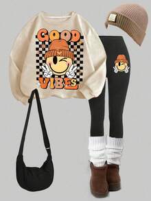 2pcs Set Girls Fun Print Sweatshirt & Leggings Set, Soft Skin - Friendly, Daily School Spring & Autumn Wear