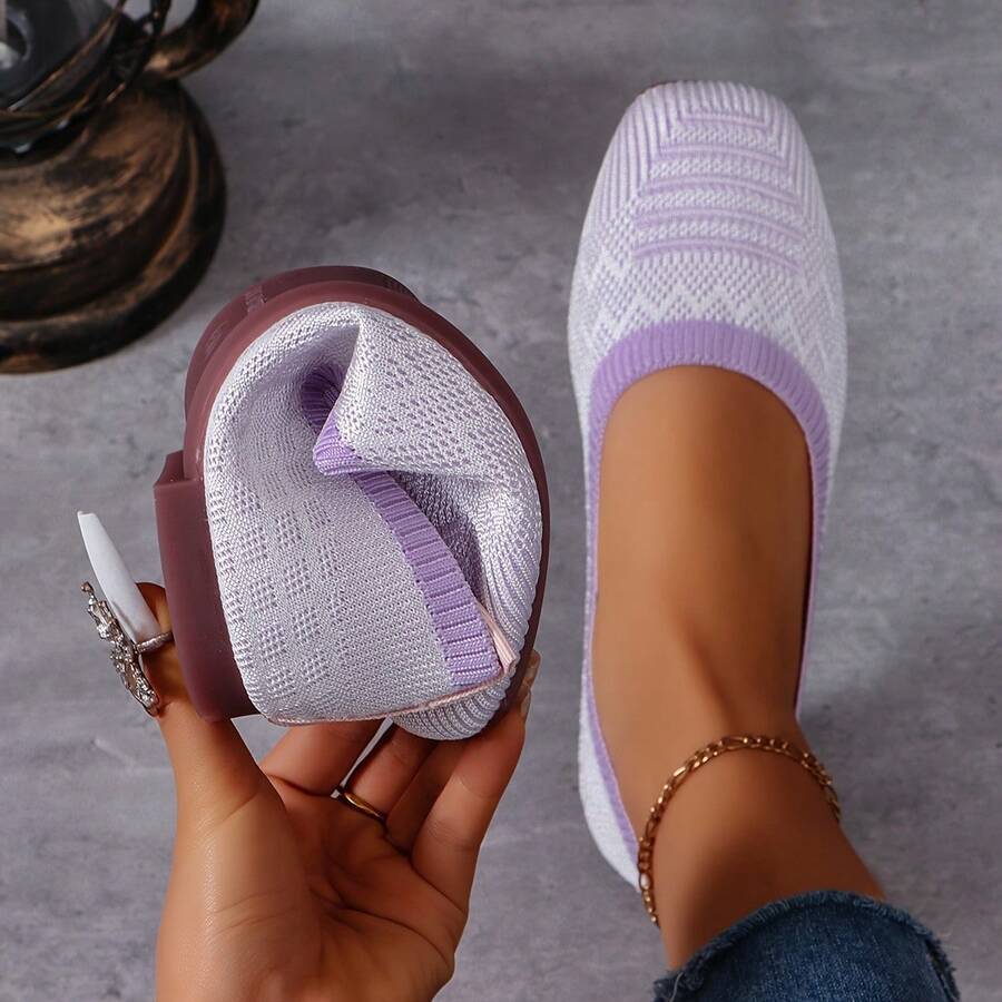 Women'S Black Woven Fabric Slip-On Flats - Casual Square Toe Shoes For Indoor & Outdoor Wear, All-Season Comfort With Rubber Sole, Breathable & Stylish Design - 淺紫色 - 查看 1