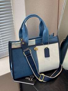 休闲优雅拼色帆布宽肩带女士托特包，大容量时尚手提包，休闲百搭手提包，适合女性或学生的文艺书包和书包，非常适合书籍、购物、返校等 - 彩色 - 查看 1