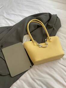 极简风纯色休闲女士托特包，精致五金挂件装饰单肩包，休闲百搭风校园学生包，磁扣开合多功能轻便收纳腋下包