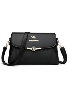 1 pieza Bolso bandolera de mujer de unicolor, con decoración de letras de metal, correa para el hombro desmontable, patrón floral vintage elegante, costuras reforzadas, solapa con cierre magnético, adecuado para compras, monedero, cosméticos, ir al trabajo