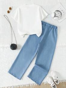 2件套青少年女童休闲时尚蝴蝶贴花短袖上衣和直筒裤套装 - 藍白色 - 查看 2