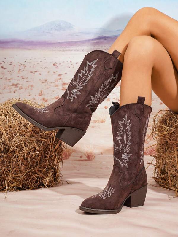 Retro Women's Western Boots, Pointed Toe Embroidered Thick Heel Mid-Calf Fashion Cowboy Boots, Spring/Autumn New Velvet Surface Outdoor Casual Fashionable One-Push Embroidered Western Mid-Calf Boots