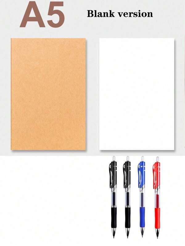 1 Set mit 5 A5 Notizbüchern und 4 Stiften, minimalistische Retro Notizbücher, Zeichenskizzenbücher, Notizbuch- und Stift-Set, Besprechungsnotizen und Studienjournale