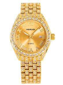 1 件男士新款时尚高端奢华闪亮罗马日历嘻哈金色全钻石英手表 - A - 查看 7