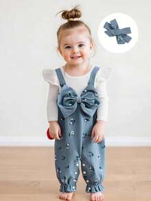 Cute Baby Girls Long Sleeve Romper Featuring Floral Print – Fake Two Pieces Patchwork Bow Jumpsuits  Adorable Headband Set – A Must-Have For Every Wardrobe