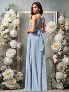 Volly Toych Light Blue Elegant A-Line Pleated Chiffon Formal Bridesmaid Dress, Wedding Guest Dress, Vacation Maxi Dress - Dusty Blue - View 3