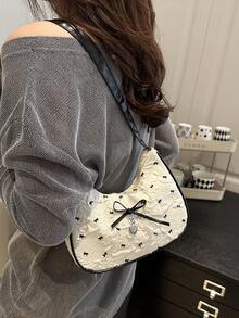 Bolso de hombro tipo clutch de piel de PU plegable con decoración de lazo metálico, adecuado para salidas diarias y citas casuales, estilo pequeño y elegante, bolso en forma de luna creciente a la moda para mujeres