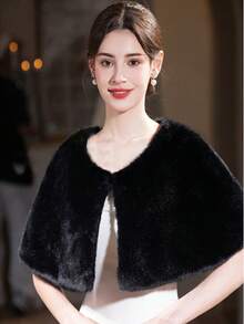 1 Piece Of Women's Milk White Faux Fur Fox Fur Shawl Cape Party Wedding Dress, Paired With A Short Cloak Jacket For Autumn And Winter Warmth Holiday Gift Warm Plush Shawl - Multicolor - View 4