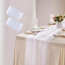 1 pieza Mantel decorado con perlas falsas, mantel de tul blanco con perlas para bodas, decoración de arco nupcial, fiesta de despedida de soltera, decoración de fiesta, faja para silla, telón de fondo para eventos, Navidad, decoración de boda, tela de malla transparente con perlas para fiestas de San Valentín y reuniones en el hogar