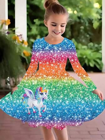 Spring/Autumn Sports Gift, Girls Comfortable Dress With Unicorn 3D Printed Long Sleeve Dress