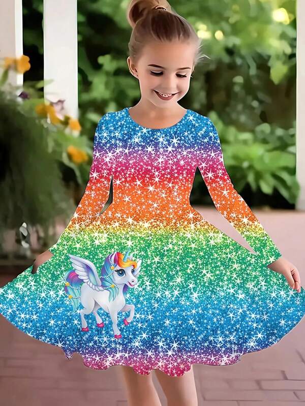 Atuendo deportivo de primavera/otoño, vestido cómodo para niñas con estampado 3D de unicornio de manga larga