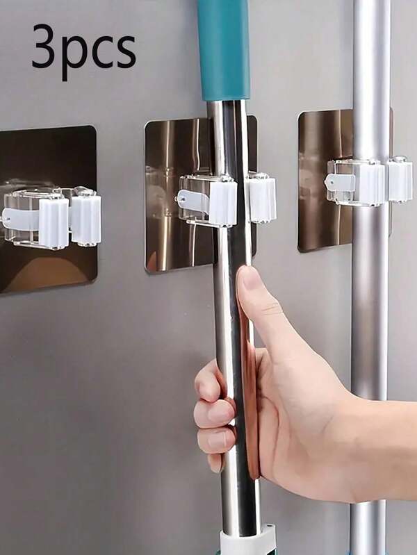 3pcs Punch-Free Wall-Mounted Strong Mop Hook, Multifunctional Strong Storage Clip For Bathroom Tools, Maximum Load-Bearing 3000g/6.6 Lb, Mop Clip, Mop Rack, Convenient Bathroom Accessories, Cleaning Accessories, Suitable For Placing Mop Brooms And Cleaning Tools