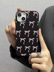 غطاء هاتف من مادة TPU الناعمة باللون الأسود المطفي بتصميم فيونكة وردية، متوافق مع هواتف 11 12/12pro 13/13pro 13promax 14/14pro 14promax 15/15pro 15promax 16/16pro 16promax، مناسب للاستخدام الشخصي أو كهدية لصديق أو صديقة أو عيد ميلاد