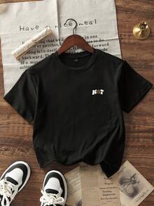 青少年男孩休闲图案印花圆领短袖 T 恤，夏季上衣 - 黑色 - 查看 4