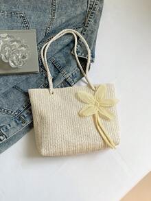 Mini Floral Woven Beach Tote Bag, Fashionable Shoulder Handbag - White - View 4