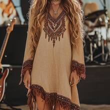 Lace Lace Vintage  Dress With V-Neck, Long Sleeves, Fringed Hem And Loose Printed Dress