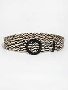 1pc Boho Color Block Woven Elastic Waist Belt, Classic Round Buckle For Dresses, Spring/Summer Summer, School - Multicolor - View 2